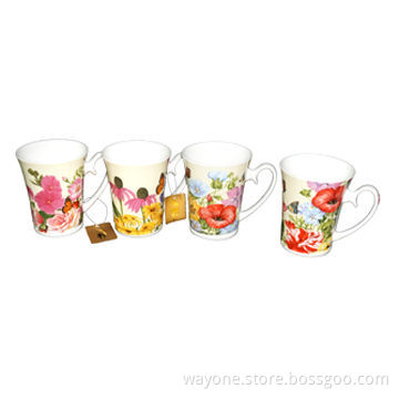 13oz Tea Mugs in Window Gift Box with Handle, Ideal for Gifts, Flower Design, Festival, 4 Pieces Set